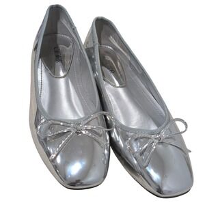 Womens Coquette Y2K Metallic Silver Square Toe‎ Ballet Flats Bow Detail Size 38